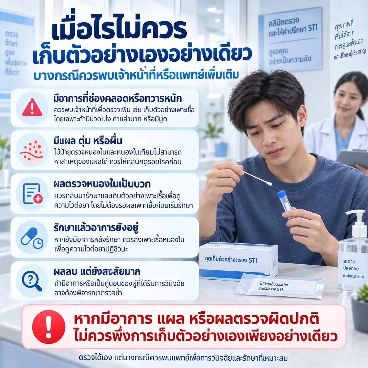 ภาพแสดงกรณีที่ควรพบเจ้าหน้าที่หรือแพทย์เพิ่มเติม เช่น มีอาการ มีแผล ผลตรวจเป็นบวก รักษาแล้วอาการยังอยู่ หรือผลลบแต่ยังสงสัยสูง